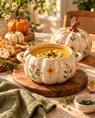 Floral Pumpkin Ceramic Soup Bowl with Lid