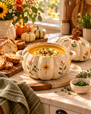 Floral Pumpkin Ceramic Soup Bowl with Lid