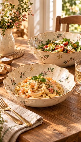 Vintage Floral Scalloped Pasta Bowl Set