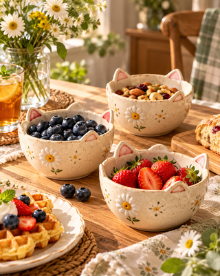 Kitty Ear Daisy Ceramic Snack Bowls – Set of 3