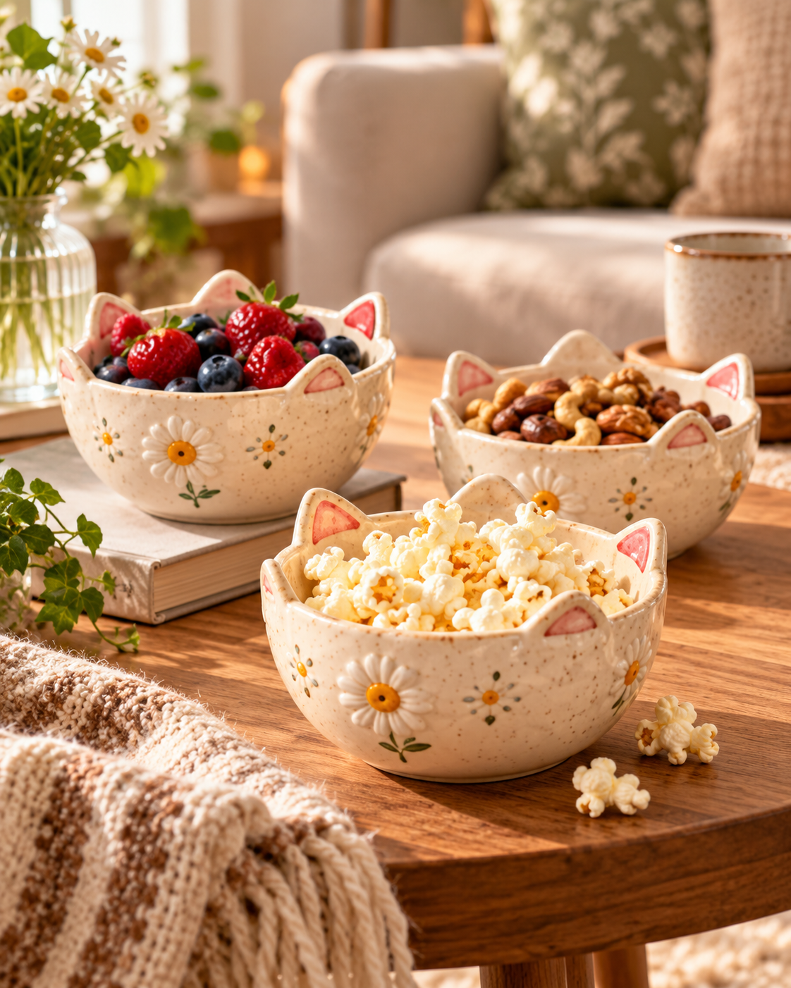 Kitty Ear Daisy Ceramic Snack Bowls – Set of 3