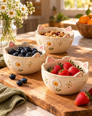 Kitty Ear Daisy Ceramic Snack Bowls – Set of 3