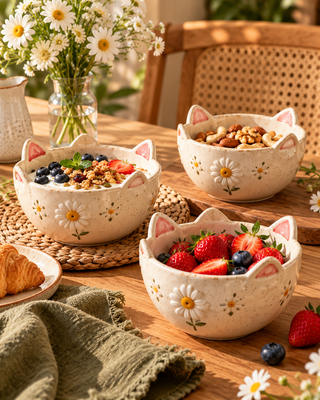 Kitty Ear Daisy Ceramic Snack Bowls – Set of 3