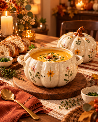 Floral Pumpkin Ceramic Soup Bowl with Lid