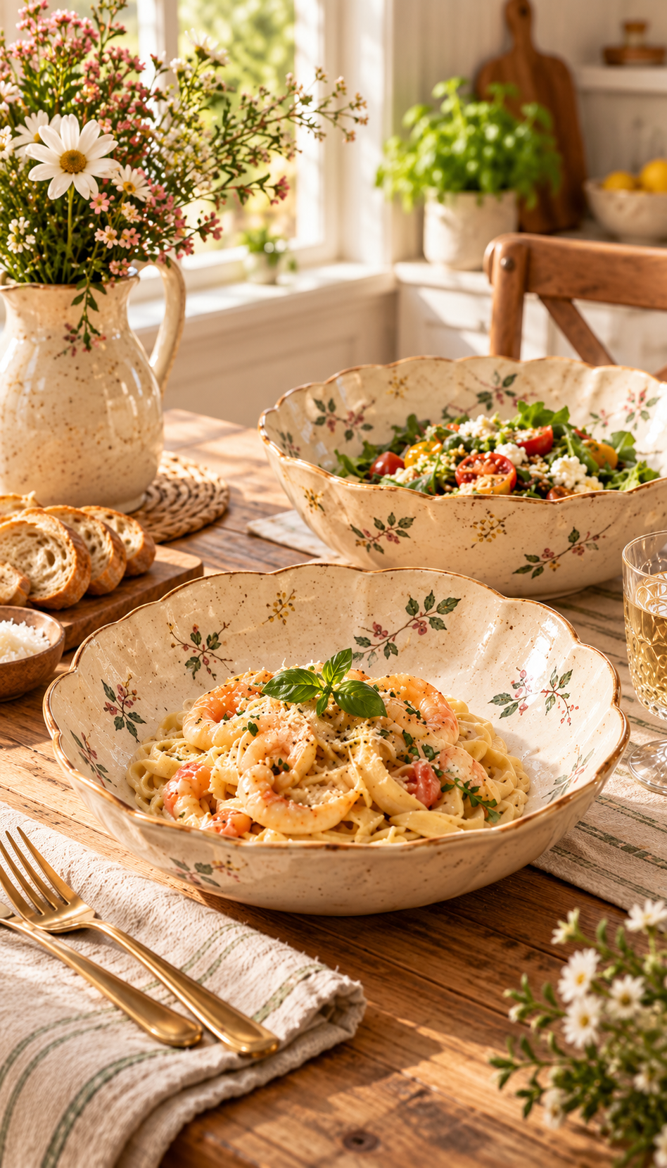 Vintage Floral Scalloped Pasta Bowl Set