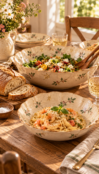 Vintage Floral Scalloped Pasta Bowl Set