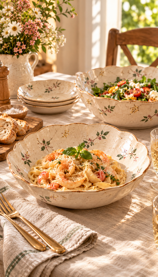 Vintage Floral Scalloped Pasta Bowl Set